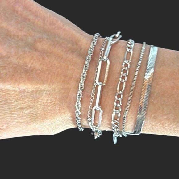 The Uptown Six – Silver Tone Chains in Mixed Styles – Adjustable Length Set - Picture 1 of 7